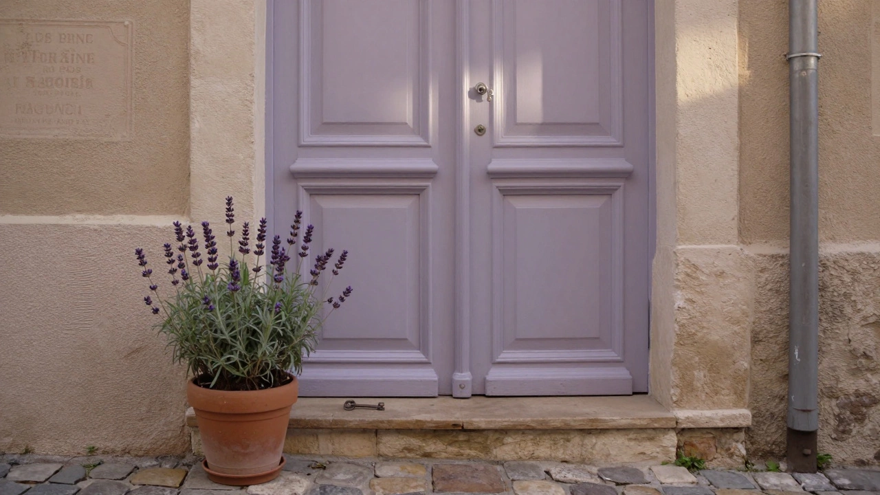 A key resting on a wooden ledge beside lavender in a quiet Aix-en-Provence alley, morning light casting soft shadows.