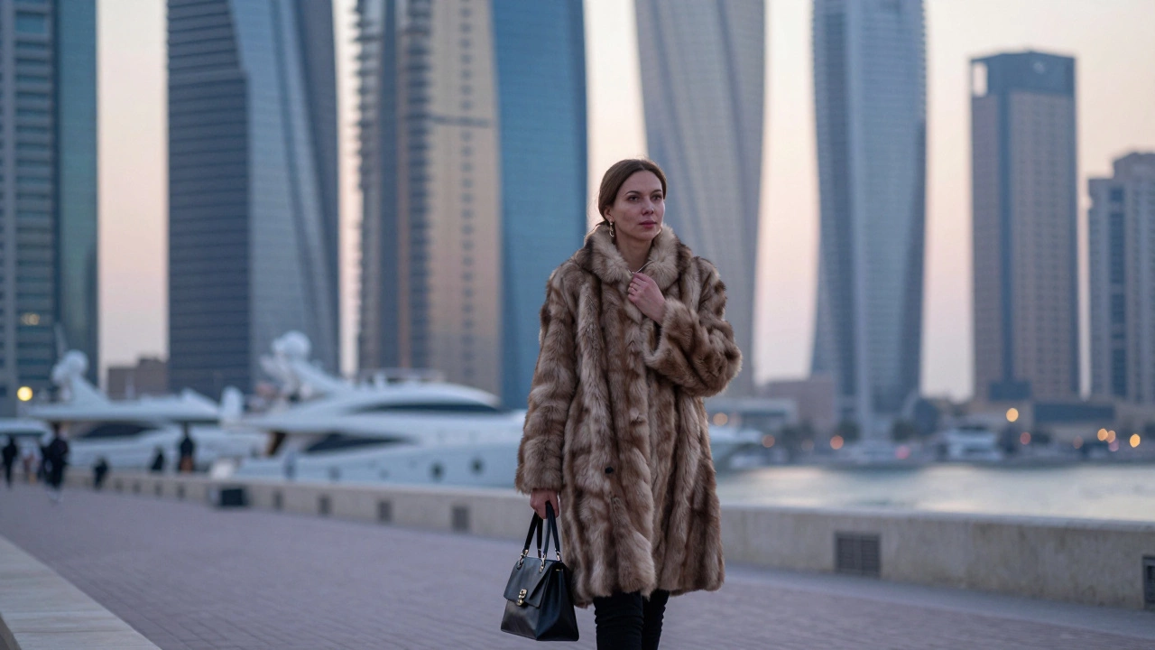 A Russian woman walking alone at dawn along Dubai Marina, wrapped in a fur coat, under a pink sky.