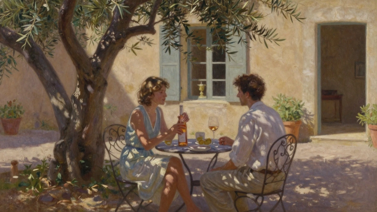 Two people sharing quiet conversation over rosé in a sunlit villa courtyard under an olive tree.